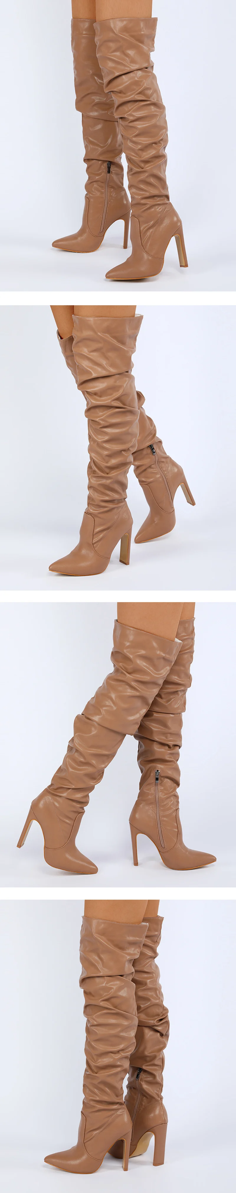 Liyke Fashion Design Pleated Leather Over The Knee Boots Sexy Pointed Toe Zip White High Heels Autumn Winter Women Shoes