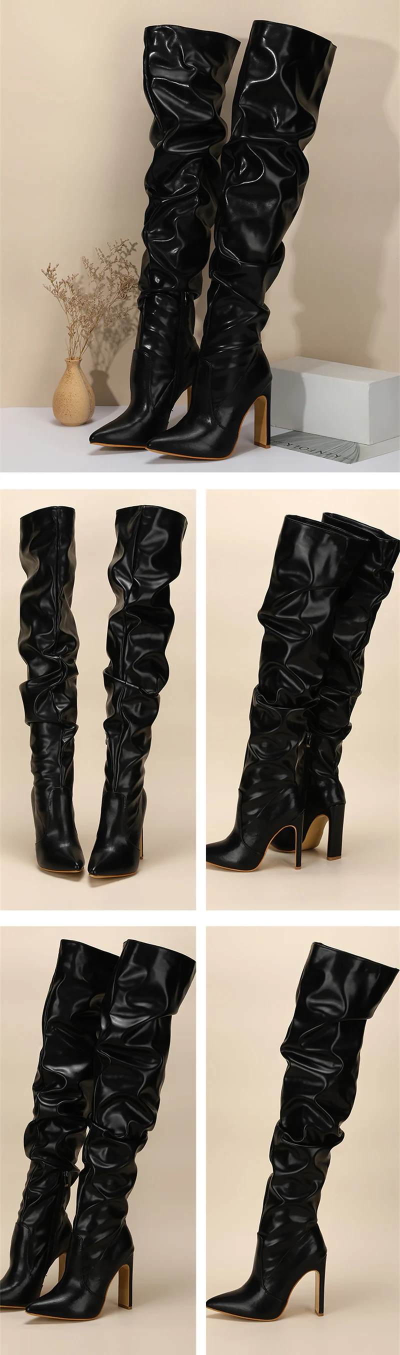 Liyke Fashion Design Pleated Leather Over The Knee Boots Sexy Pointed Toe Zip White High Heels Autumn Winter Women Shoes