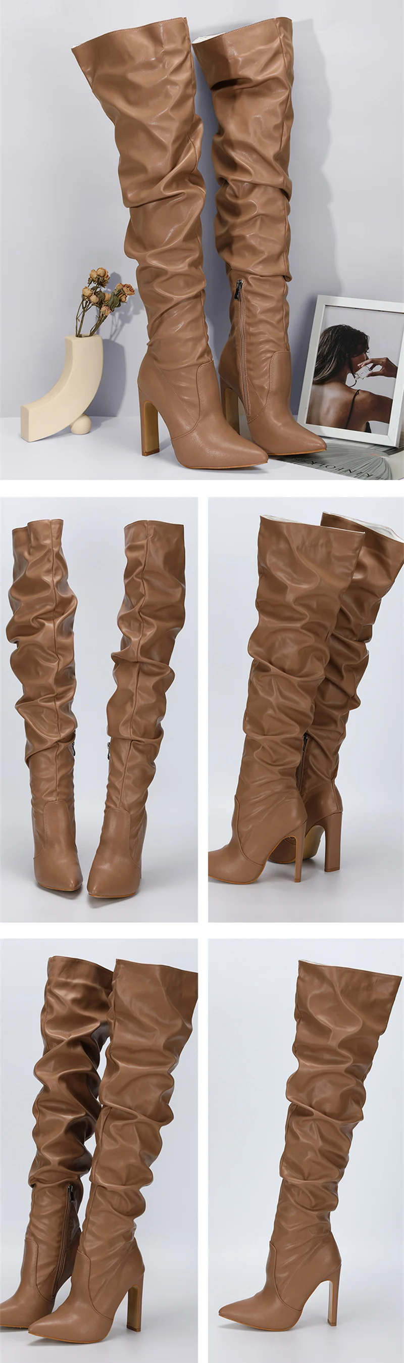 Liyke Fashion Design Pleated Leather Over The Knee Boots Sexy Pointed Toe Zip White High Heels Autumn Winter Women Shoes