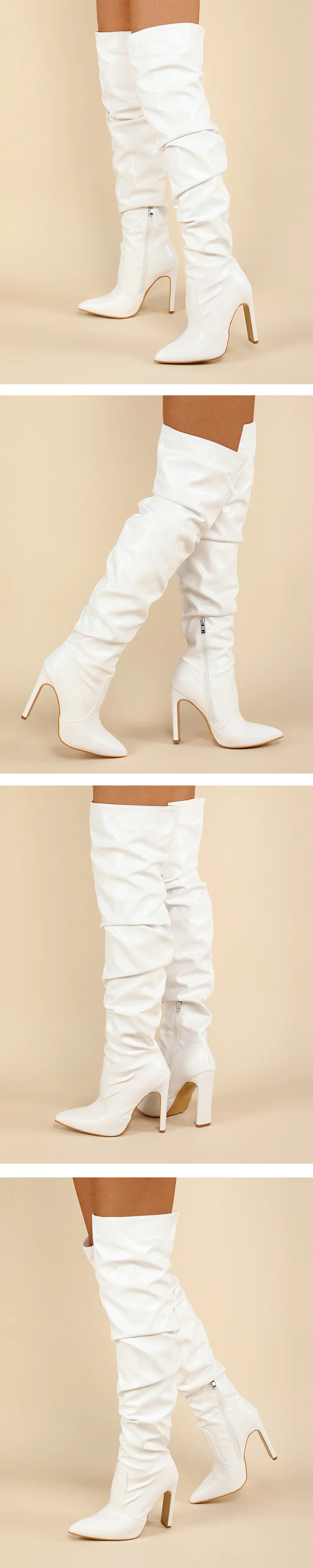 Liyke Fashion Design Pleated Leather Over The Knee Boots Sexy Pointed Toe Zip White High Heels Autumn Winter Women Shoes