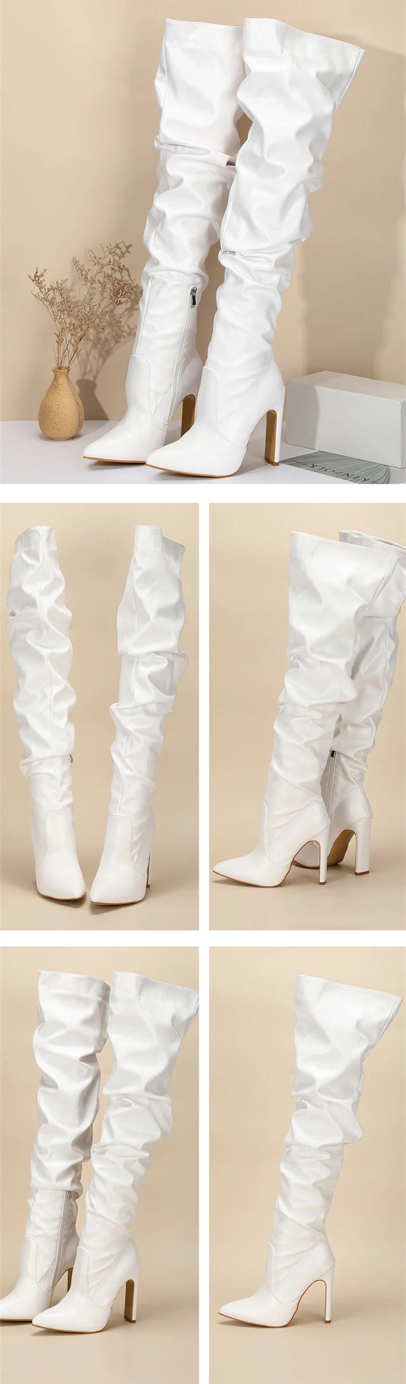 Liyke Fashion Design Pleated Leather Over The Knee Boots Sexy Pointed Toe Zip White High Heels Autumn Winter Women Shoes