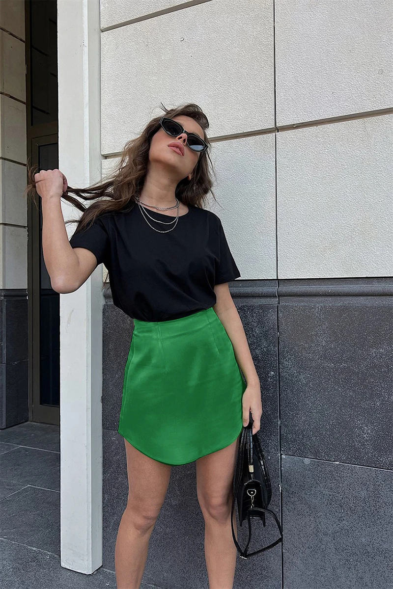 Chic Elegant Satin Women Mini Skirts High Waist Slim Thin A-Line Package Hip Bodycon Streetwear Solid Black Green Short Skirt