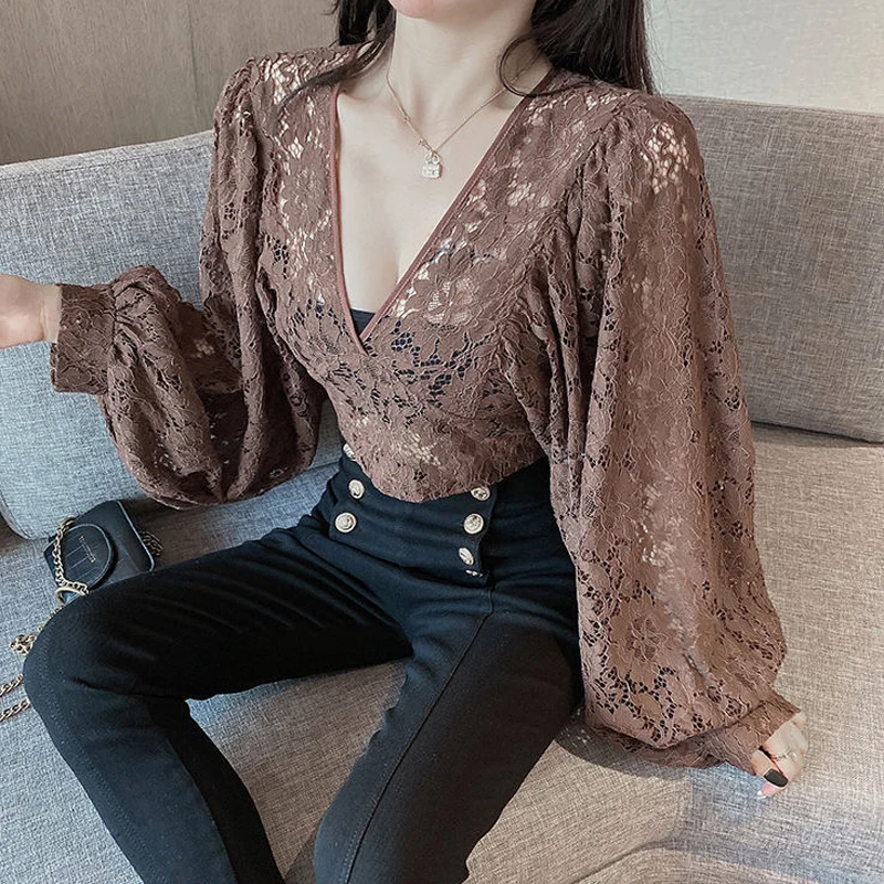 Sexy Lace Hollow Out Blouse Women Summer V-Neck Puff Sleeve Backless Tops Casual Korean Slim Lace Up Solid White Crop Tops