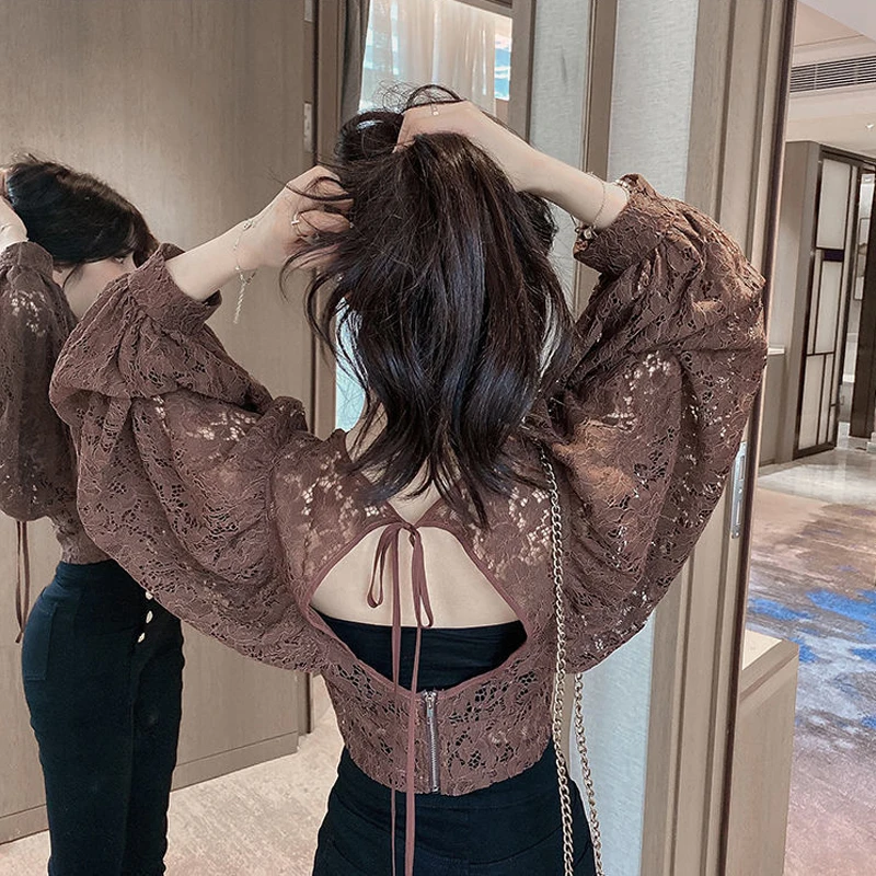 Sexy Lace Hollow Out Blouse Women Summer V-Neck Puff Sleeve Backless Tops Casual Korean Slim Lace Up Solid White Crop Tops