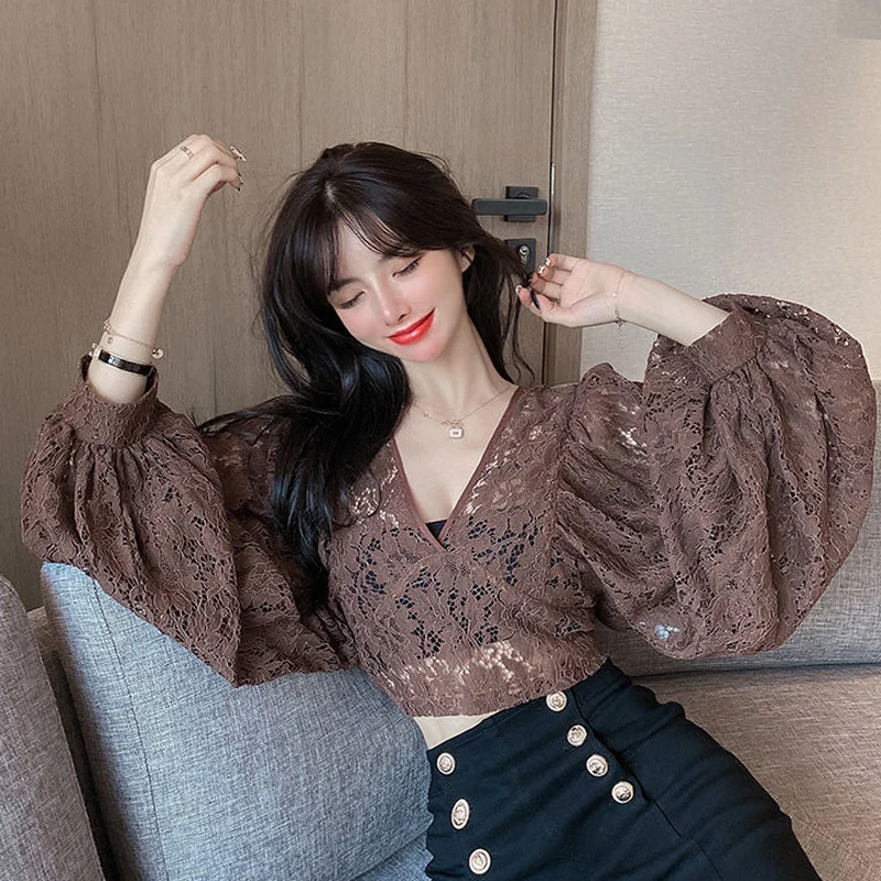 Sexy Lace Hollow Out Blouse Women Summer V-Neck Puff Sleeve Backless Tops Casual Korean Slim Lace Up Solid White Crop Tops