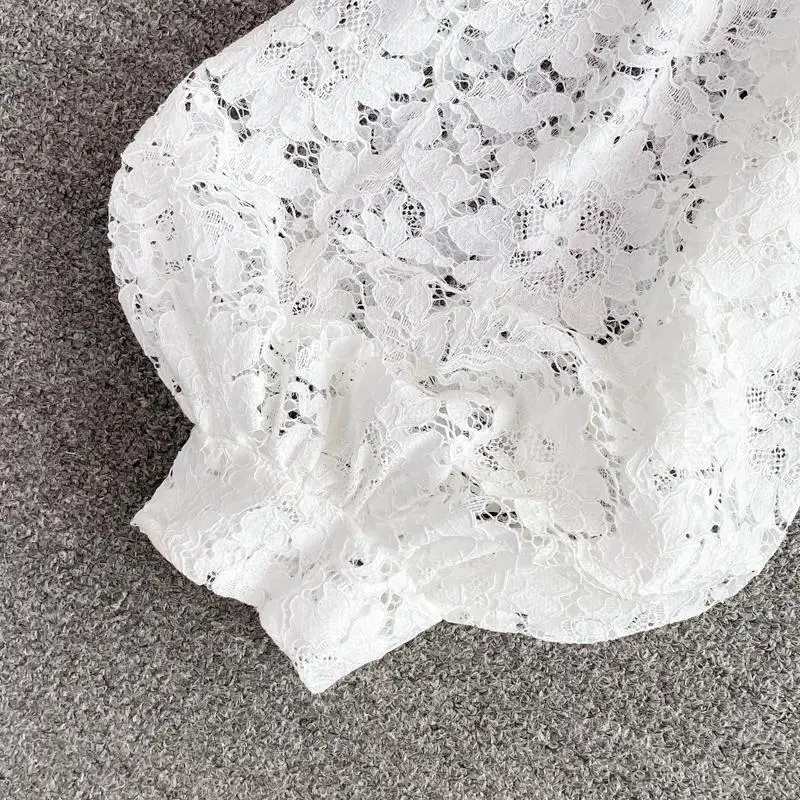 Sexy Lace Hollow Out Blouse Women Summer V-Neck Puff Sleeve Backless Tops Casual Korean Slim Lace Up Solid White Crop Tops