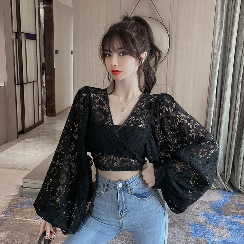 Sexy Lace Hollow Out Blouse Women Summer V-Neck Puff Sleeve Backless Tops Casual Korean Slim Lace Up Solid White Crop Tops