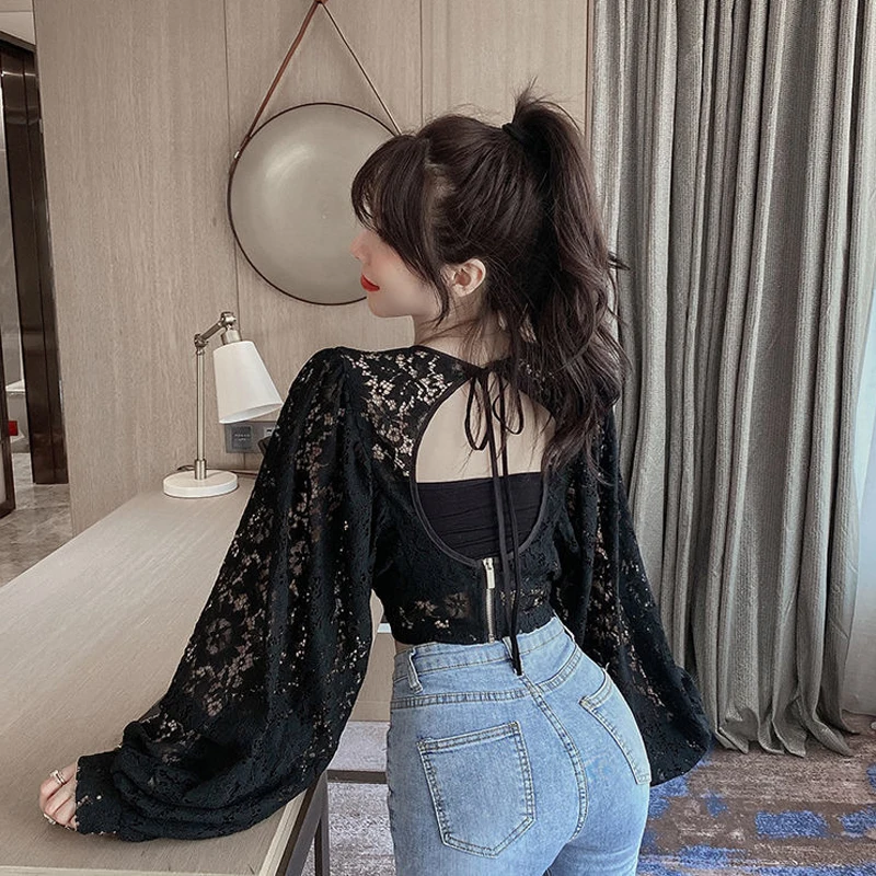 Sexy Lace Hollow Out Blouse Women Summer V-Neck Puff Sleeve Backless Tops Casual Korean Slim Lace Up Solid White Crop Tops