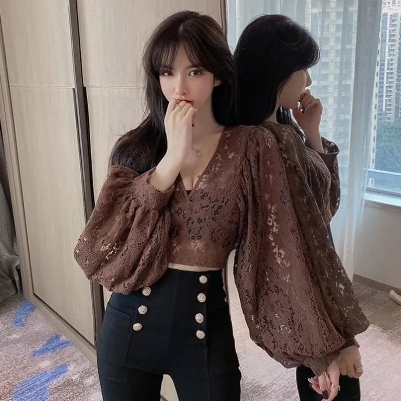 Sexy Lace Hollow Out Blouse Women Summer V-Neck Puff Sleeve Backless Tops Casual Korean Slim Lace Up Solid White Crop Tops