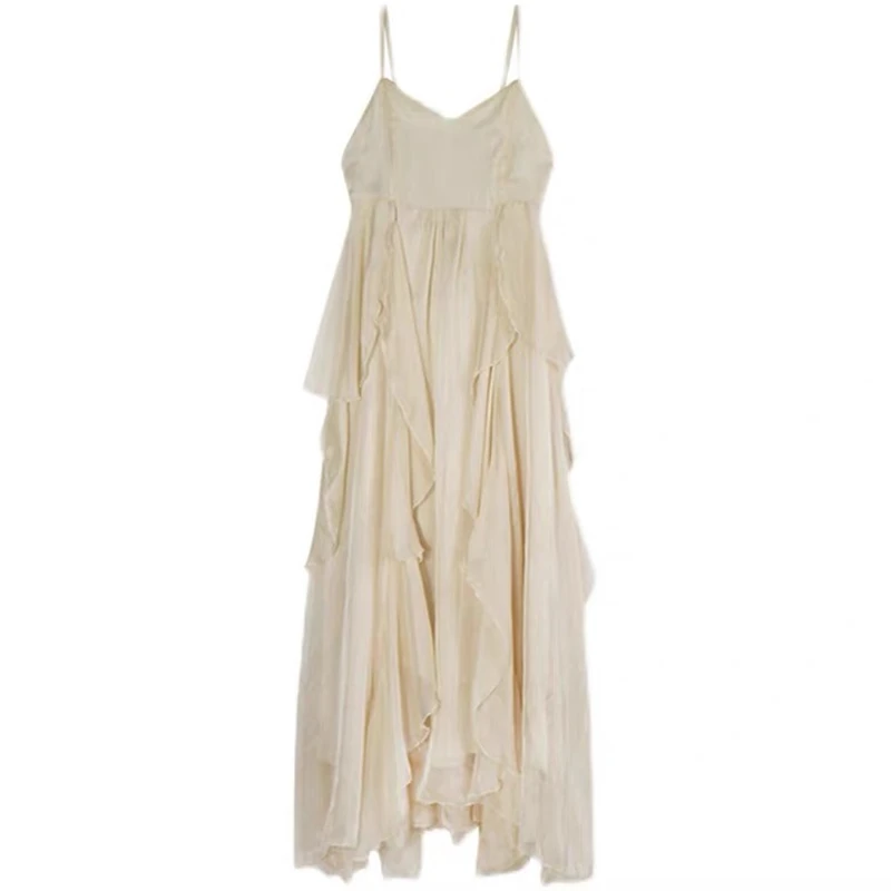 2024 New French Vintage Suspender Dress Women Summer Loose Long Dresses Evening Elegant Sleeveless Backless Party Sexy Design