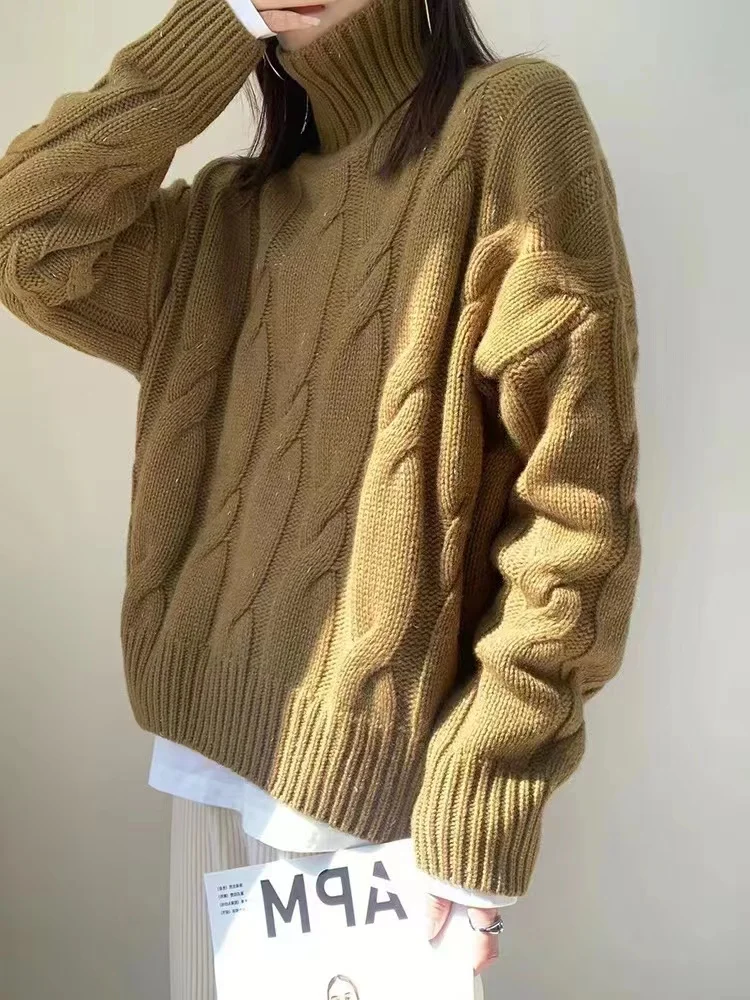 Europe United States fashion turtleneck cashmere sweater women's autumn and winter twisted flower thick knit wool loose sweater