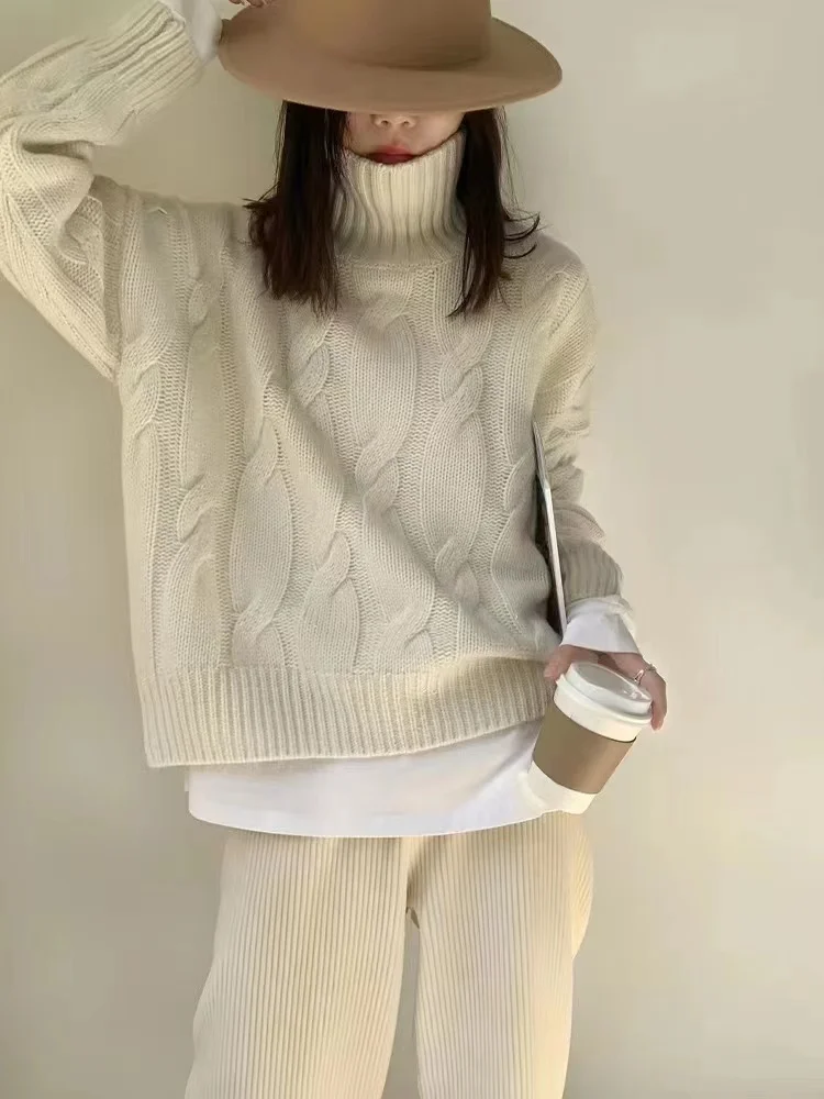 Europe United States fashion turtleneck cashmere sweater women's autumn and winter twisted flower thick knit wool loose sweater