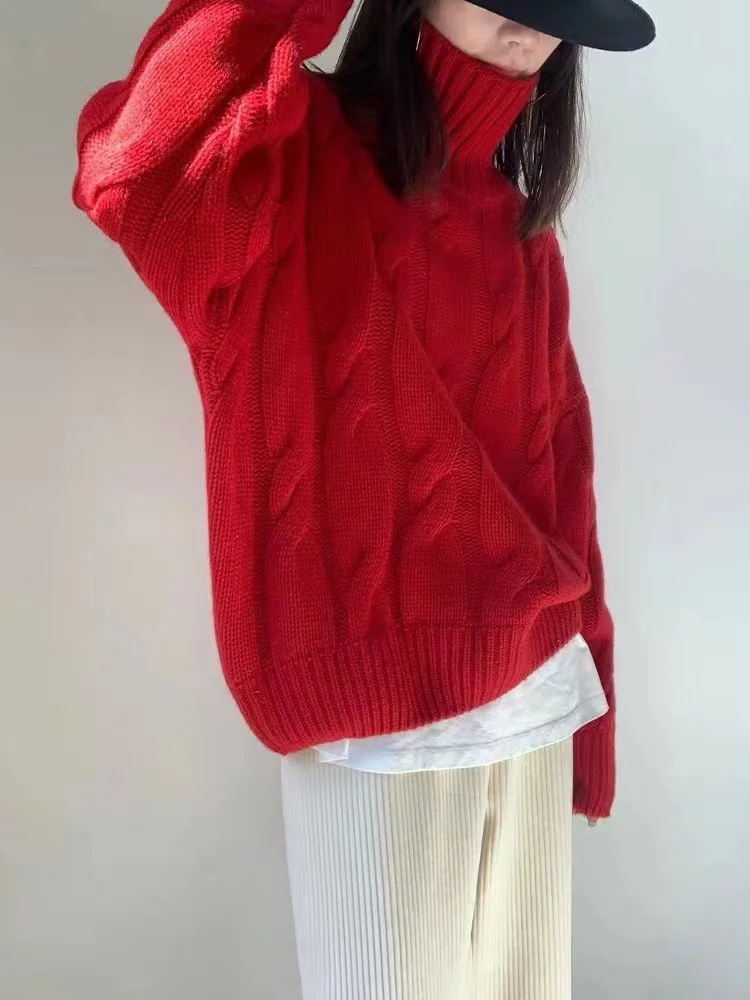 Europe United States fashion turtleneck cashmere sweater women's autumn and winter twisted flower thick knit wool loose sweater