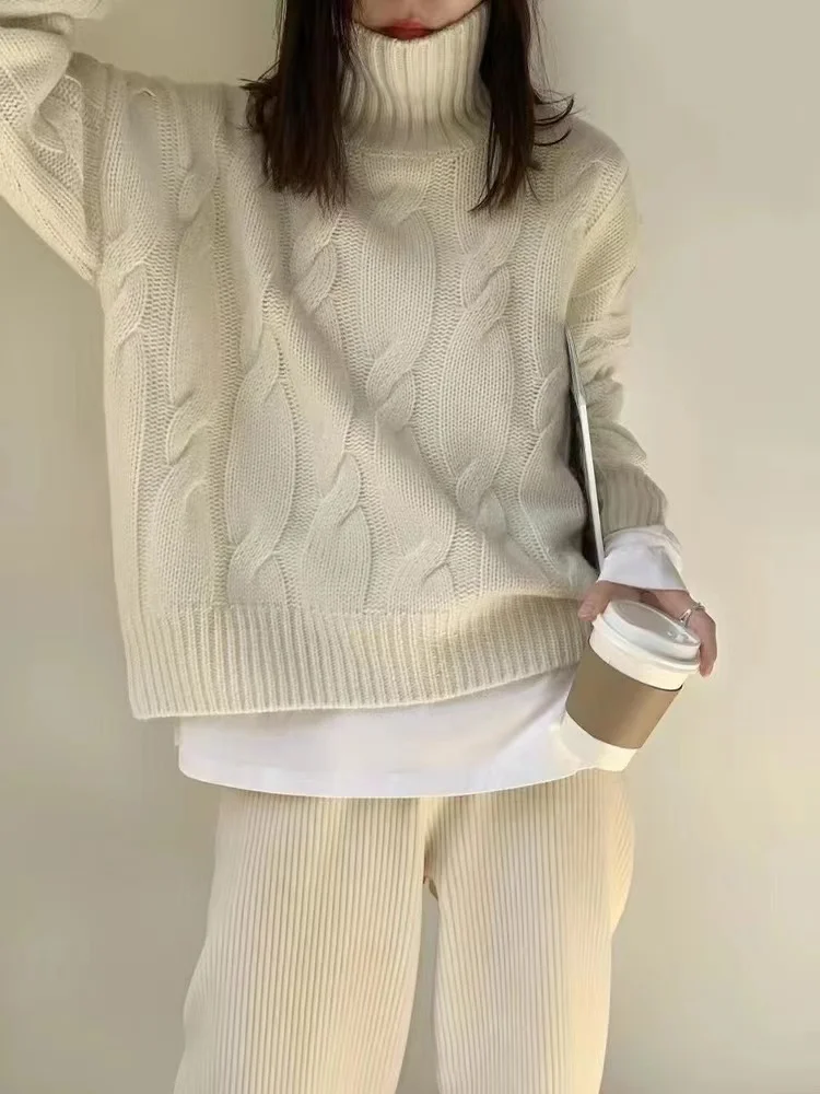 Europe United States fashion turtleneck cashmere sweater women's autumn and winter twisted flower thick knit wool loose sweater