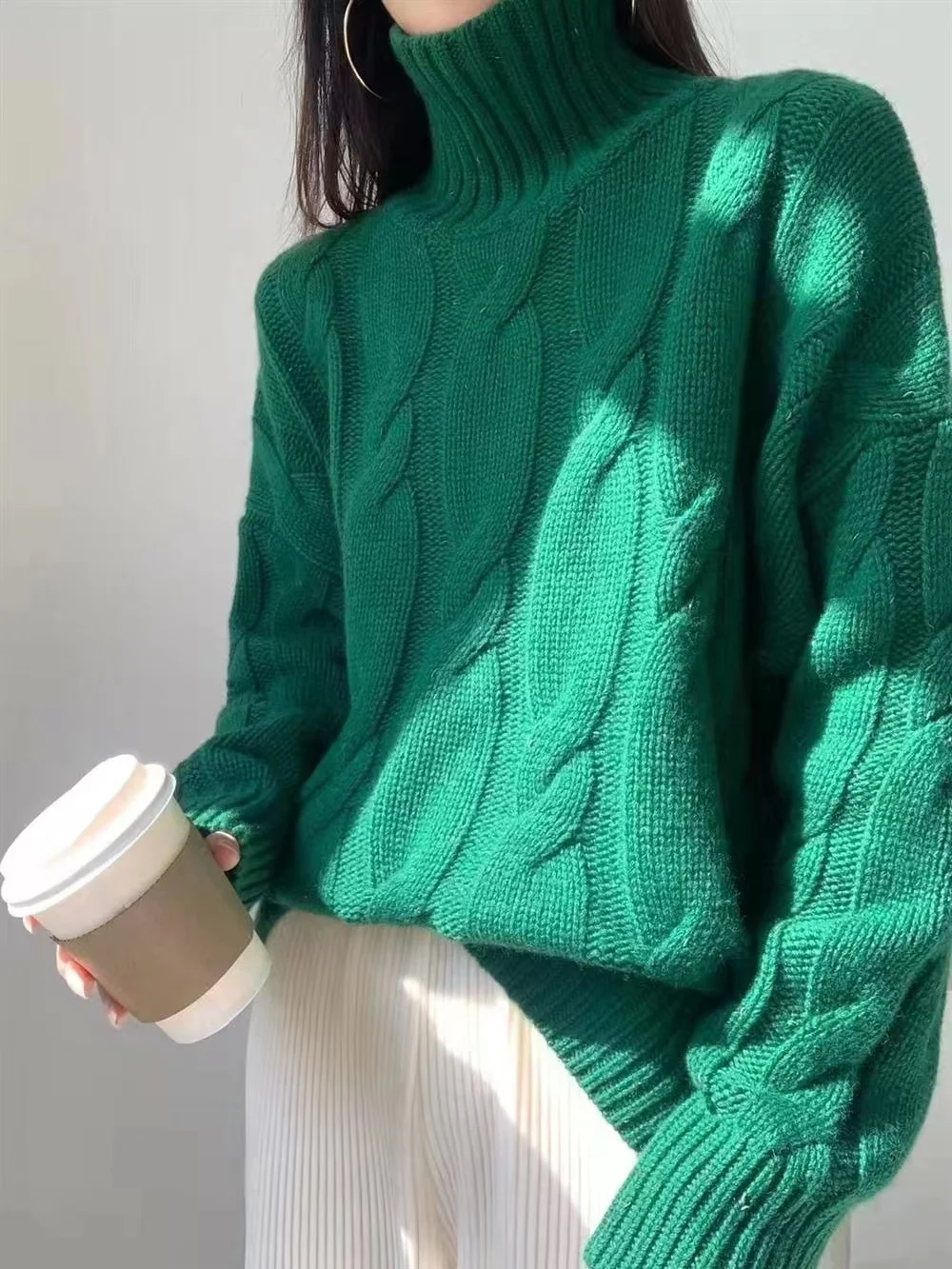 Europe United States fashion turtleneck cashmere sweater women's autumn and winter twisted flower thick knit wool loose sweater