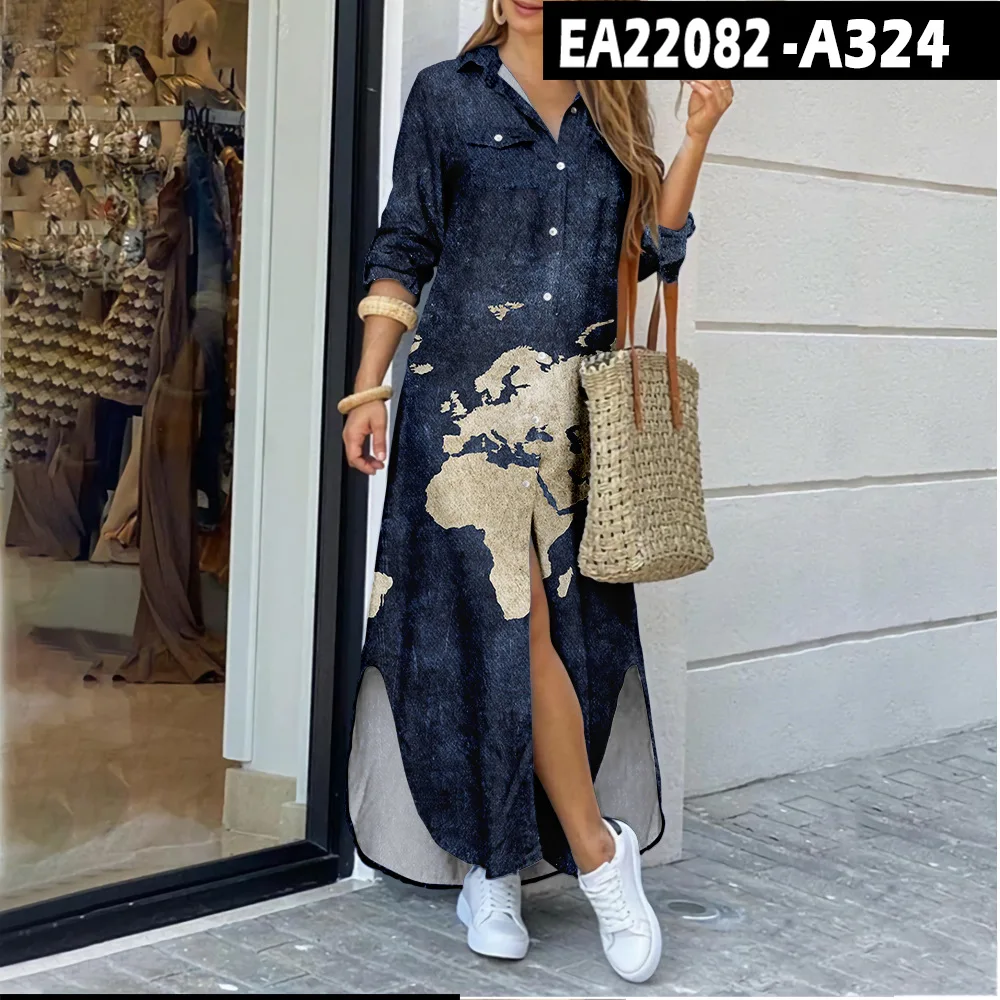 3D Cross-Border Women's Long Dresse Lapel Shirt World Map Pattern Printing Fashion Plus Size Maxi Dress Vestidos Womens Clothing