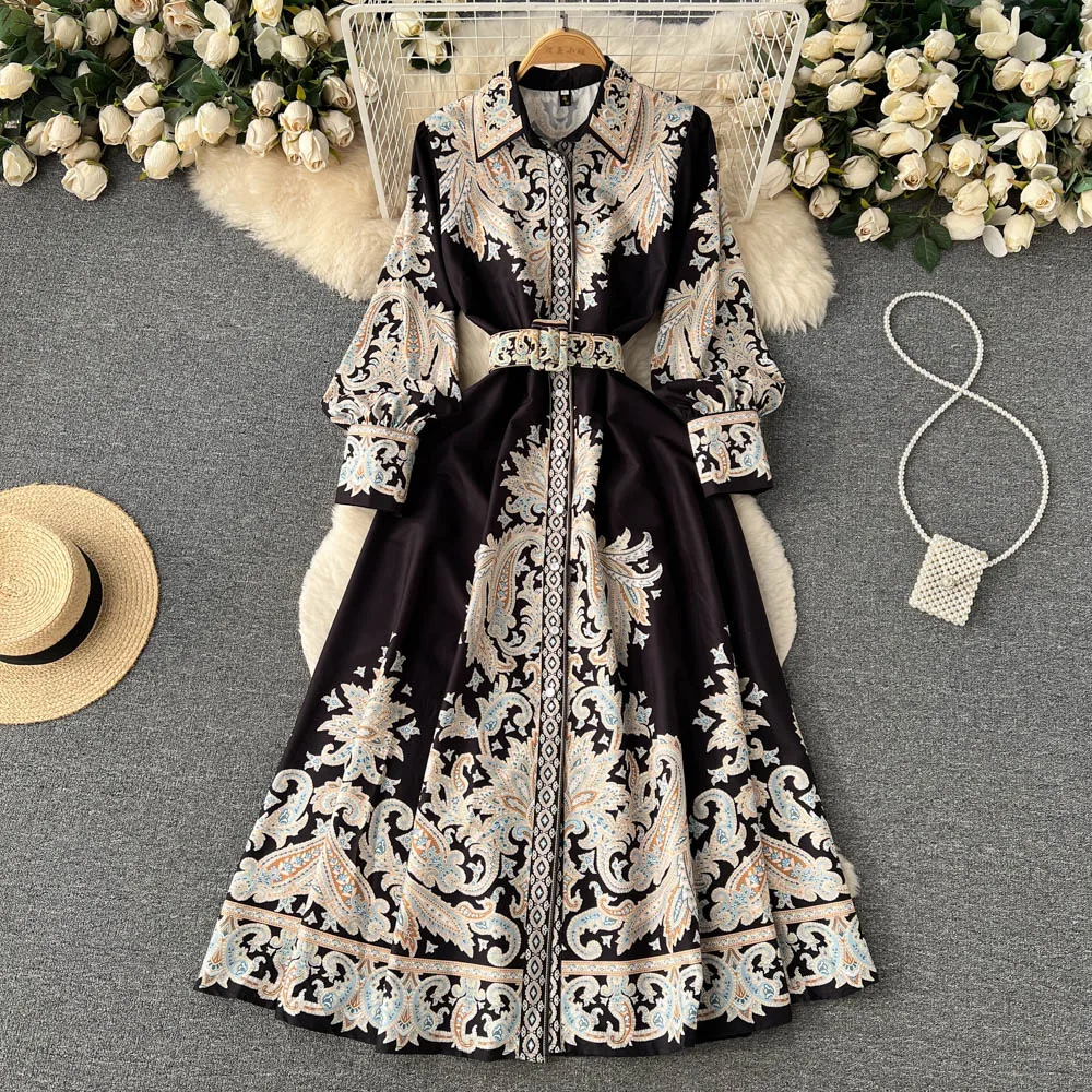 Vestidos Women Palace Retro Printing Dress Autumn And Winter Long Sleeve Elegant Single Breasted A-Line Shirts Dresses Robe