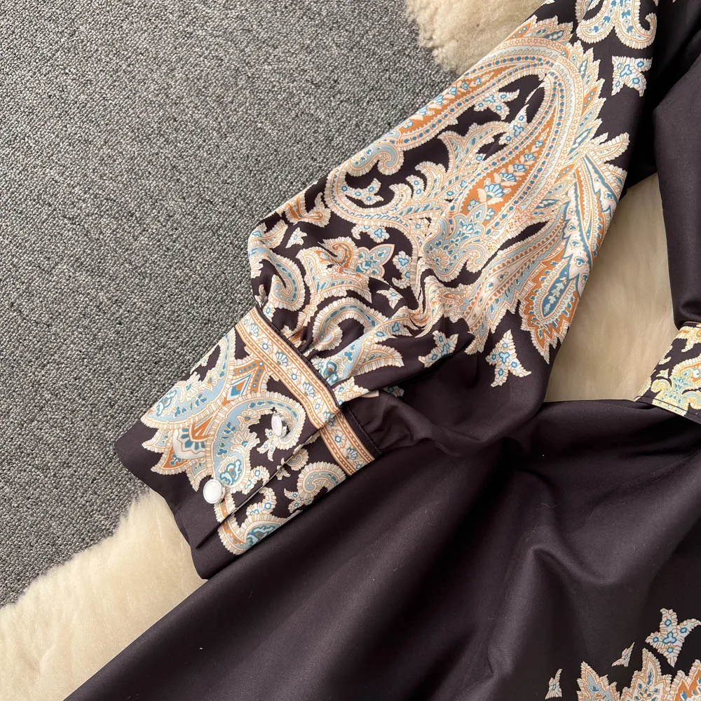 Vestidos Women Palace Retro Printing Dress Autumn And Winter Long Sleeve Elegant Single Breasted A-Line Shirts Dresses Robe