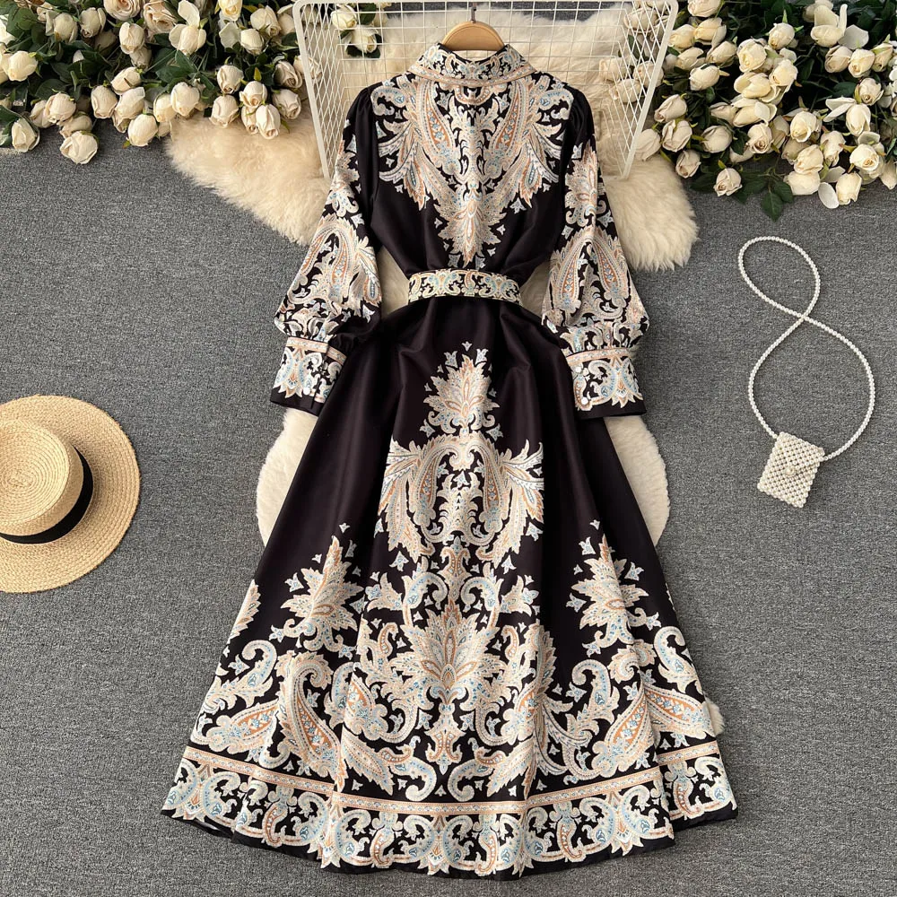 Vestidos Women Palace Retro Printing Dress Autumn And Winter Long Sleeve Elegant Single Breasted A-Line Shirts Dresses Robe