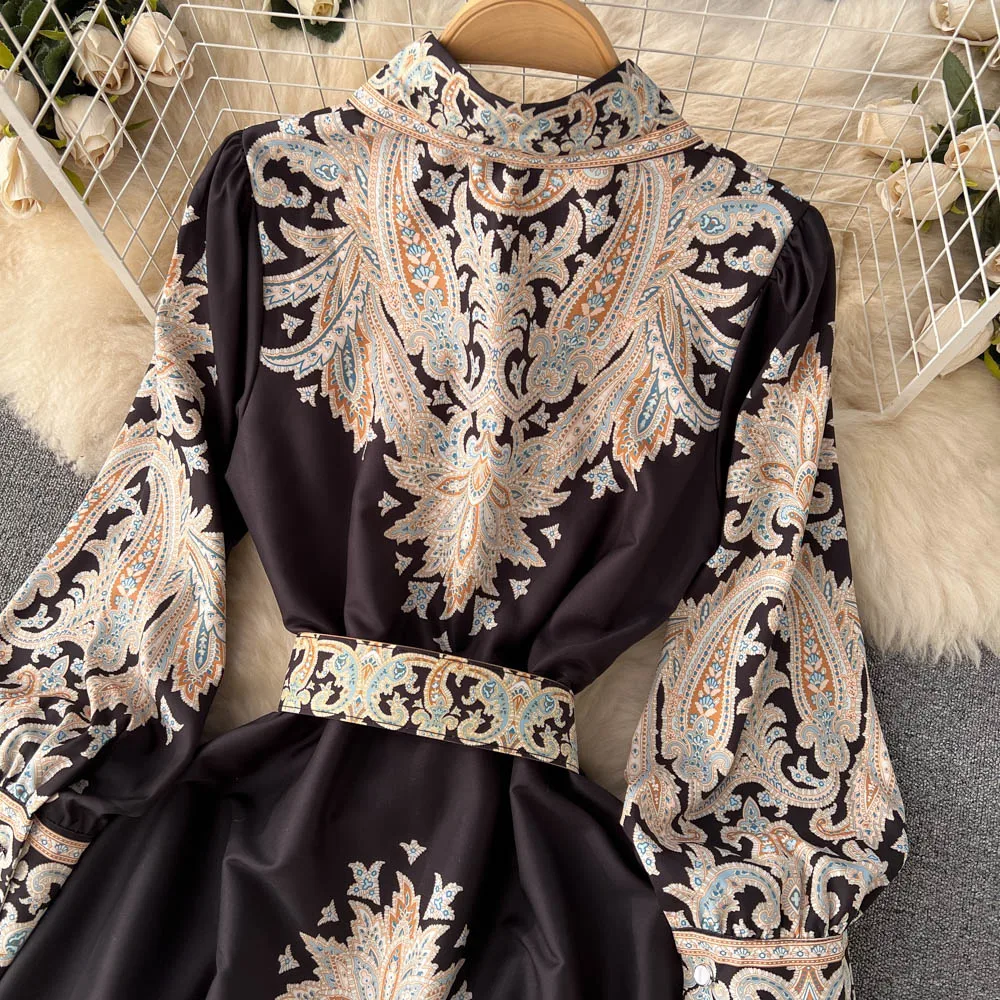 Vestidos Women Palace Retro Printing Dress Autumn And Winter Long Sleeve Elegant Single Breasted A-Line Shirts Dresses Robe