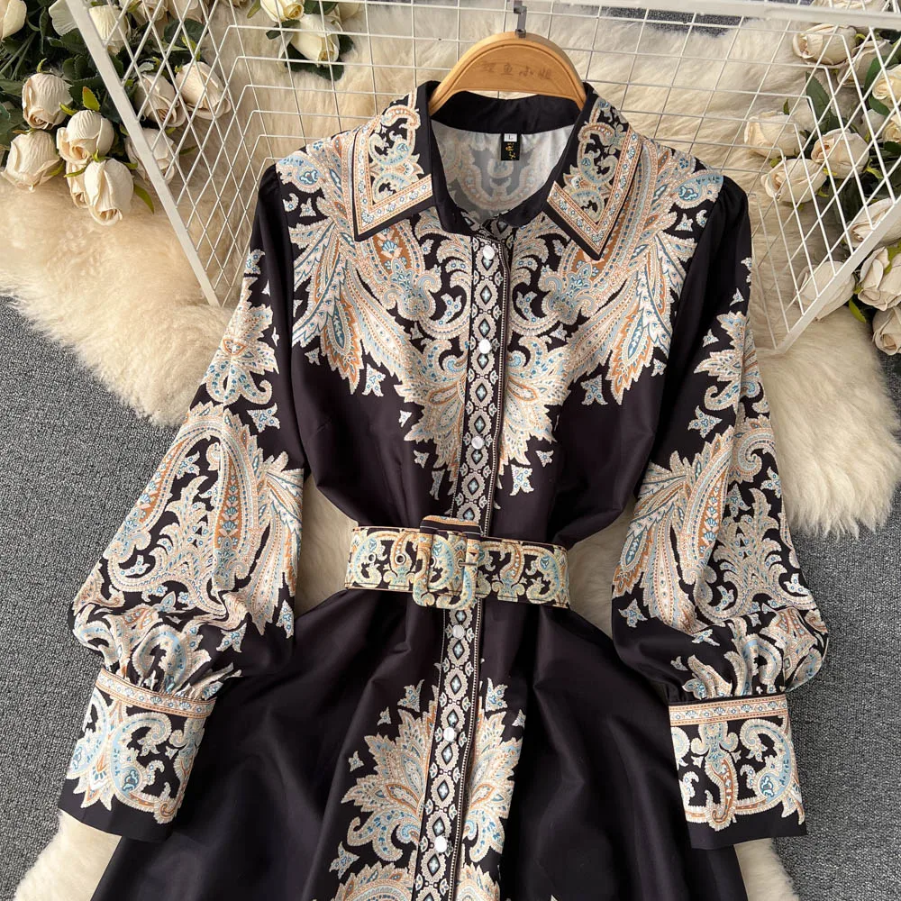 Vestidos Women Palace Retro Printing Dress Autumn And Winter Long Sleeve Elegant Single Breasted A-Line Shirts Dresses Robe