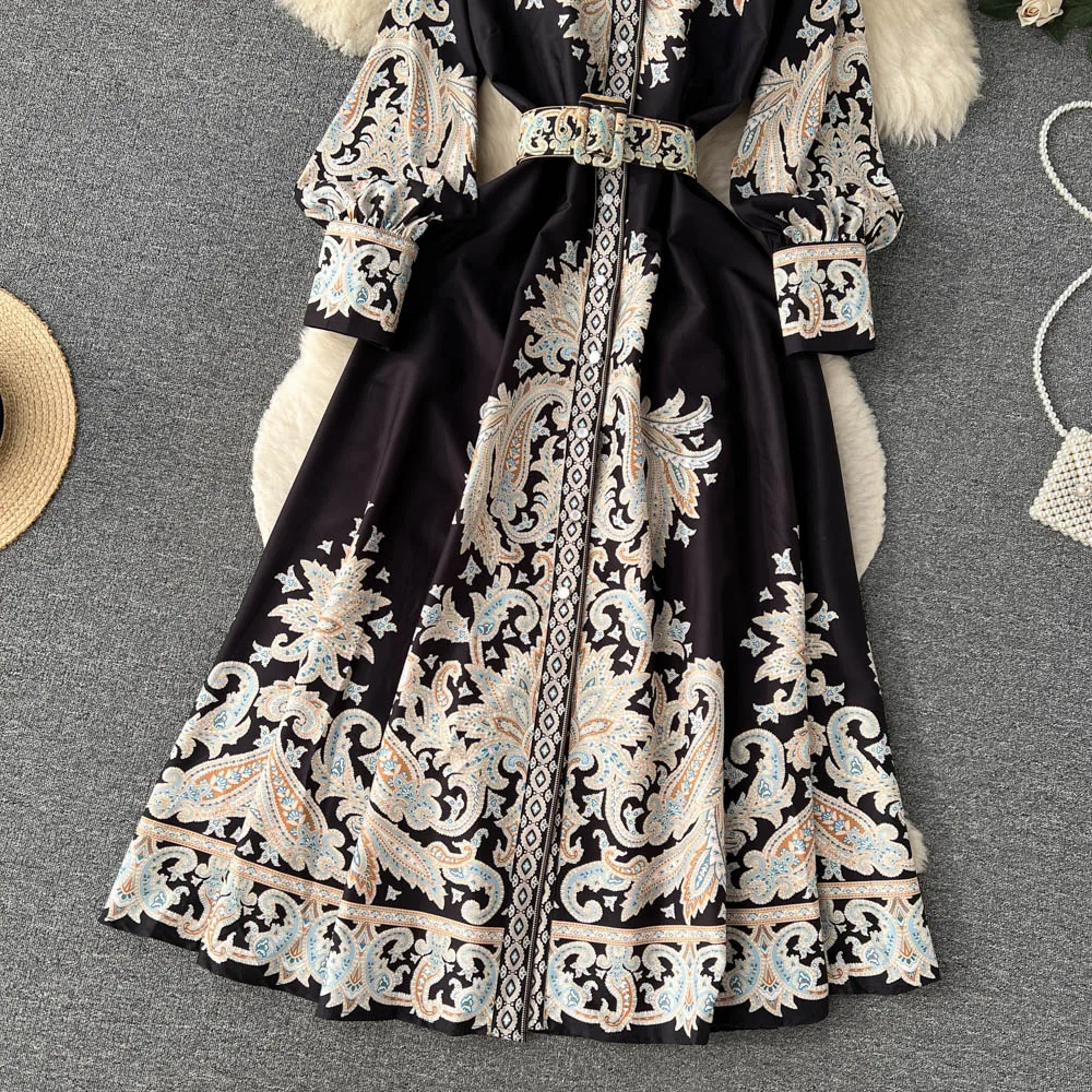 Vestidos Women Palace Retro Printing Dress Autumn And Winter Long Sleeve Elegant Single Breasted A-Line Shirts Dresses Robe