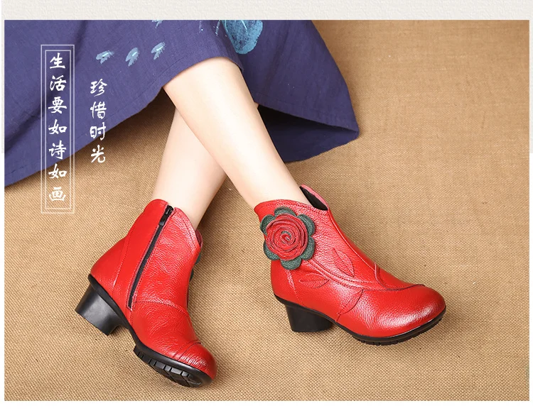Vintage Rose Genuine Leather Ankle Boots Ladies Heels Pump Booties Bohemia Shoes Retro Mom Short Boots Faux Fur Med Heel Shoes
