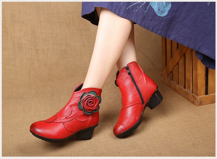Vintage Rose Genuine Leather Ankle Boots Ladies Heels Pump Booties Bohemia Shoes Retro Mom Short Boots Faux Fur Med Heel Shoes