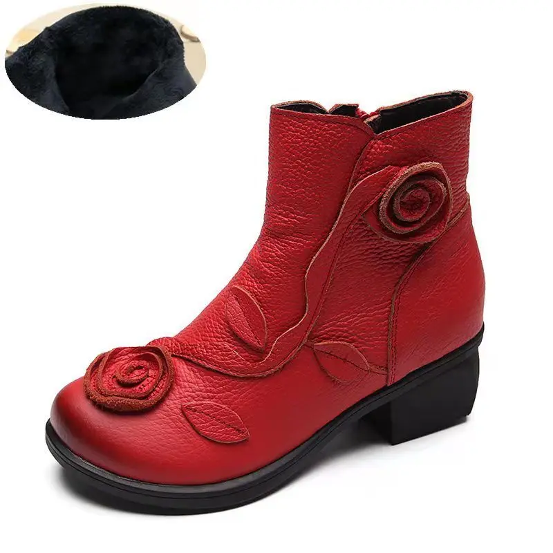 Vintage Rose Genuine Leather Ankle Boots Ladies Heels Pump Booties Bohemia Shoes Retro Mom Short Boots Faux Fur Med Heel Shoes