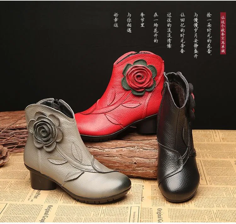 Vintage Rose Genuine Leather Ankle Boots Ladies Heels Pump Booties Bohemia Shoes Retro Mom Short Boots Faux Fur Med Heel Shoes