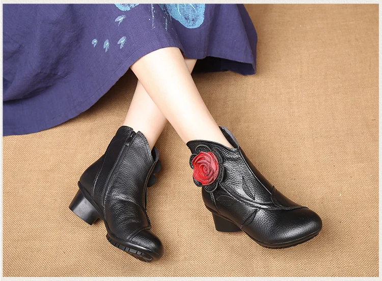 Vintage Rose Genuine Leather Ankle Boots Ladies Heels Pump Booties Bohemia Shoes Retro Mom Short Boots Faux Fur Med Heel Shoes