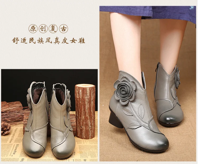Vintage Rose Genuine Leather Ankle Boots Ladies Heels Pump Booties Bohemia Shoes Retro Mom Short Boots Faux Fur Med Heel Shoes