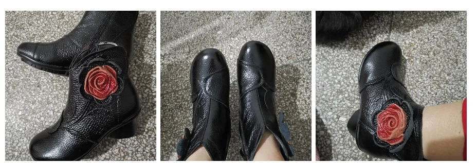 Vintage Rose Genuine Leather Ankle Boots Ladies Heels Pump Booties Bohemia Shoes Retro Mom Short Boots Faux Fur Med Heel Shoes