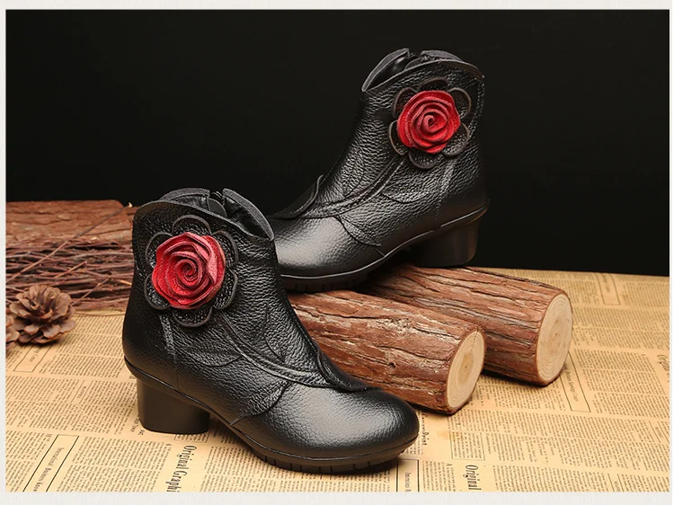 Vintage Rose Genuine Leather Ankle Boots Ladies Heels Pump Booties Bohemia Shoes Retro Mom Short Boots Faux Fur Med Heel Shoes
