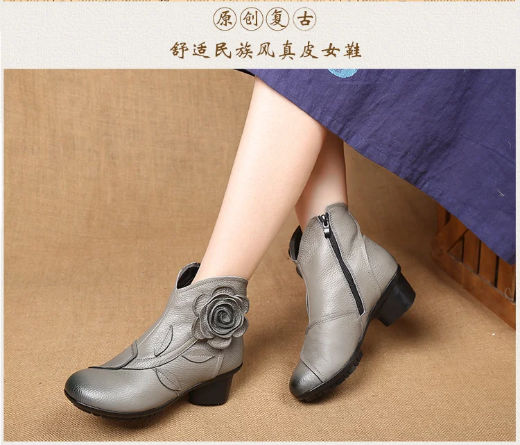 Vintage Rose Genuine Leather Ankle Boots Ladies Heels Pump Booties Bohemia Shoes Retro Mom Short Boots Faux Fur Med Heel Shoes