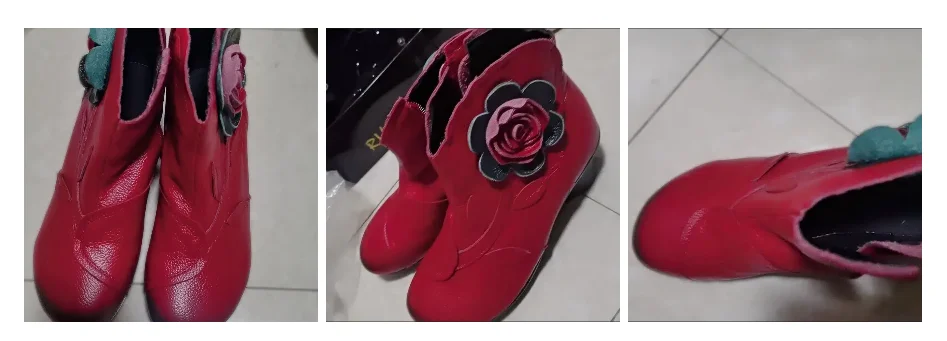 Vintage Rose Genuine Leather Ankle Boots Ladies Heels Pump Booties Bohemia Shoes Retro Mom Short Boots Faux Fur Med Heel Shoes