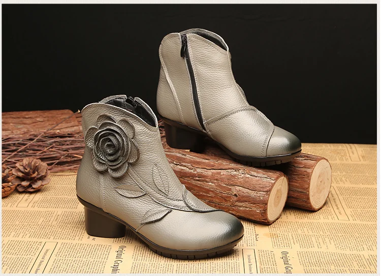 Vintage Rose Genuine Leather Ankle Boots Ladies Heels Pump Booties Bohemia Shoes Retro Mom Short Boots Faux Fur Med Heel Shoes
