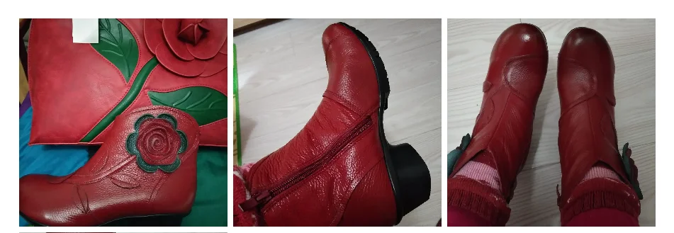 Vintage Rose Genuine Leather Ankle Boots Ladies Heels Pump Booties Bohemia Shoes Retro Mom Short Boots Faux Fur Med Heel Shoes