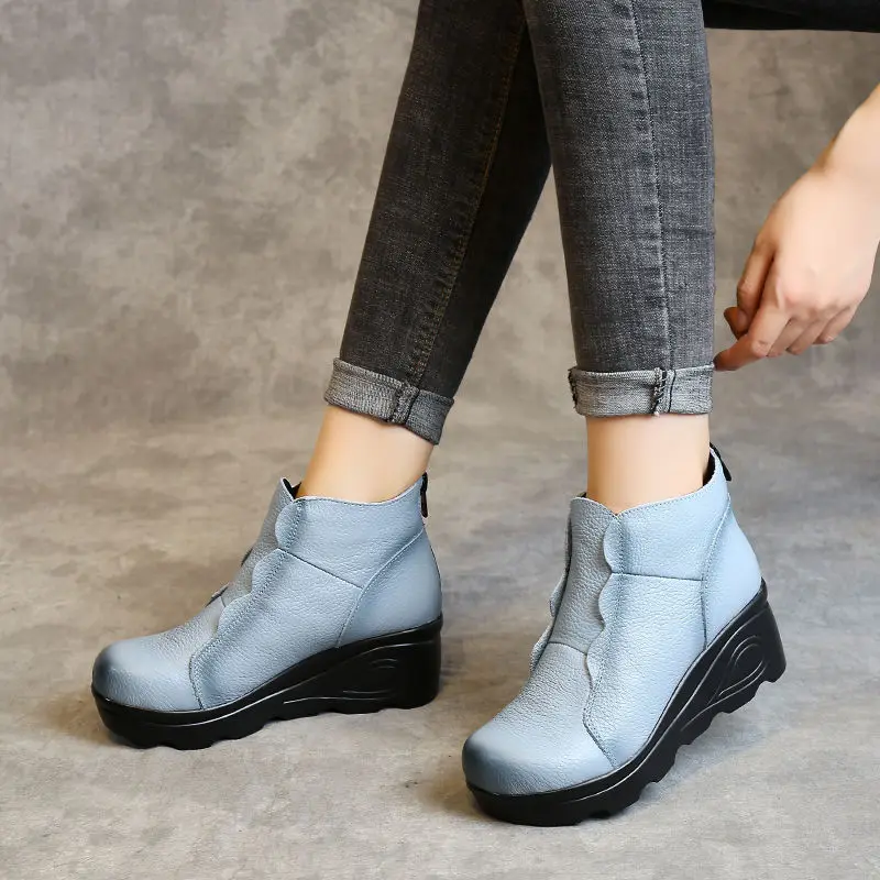 Vintage Rose Genuine Leather Ankle Boots Ladies Heels Pump Booties Bohemia Shoes Retro Mom Short Boots Faux Fur Med Heel Shoes