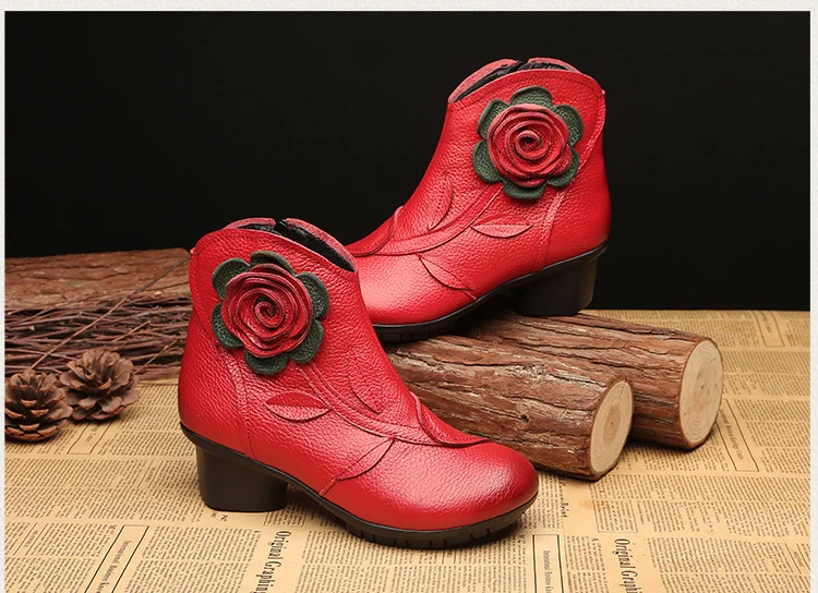 Vintage Rose Genuine Leather Ankle Boots Ladies Heels Pump Booties Bohemia Shoes Retro Mom Short Boots Faux Fur Med Heel Shoes