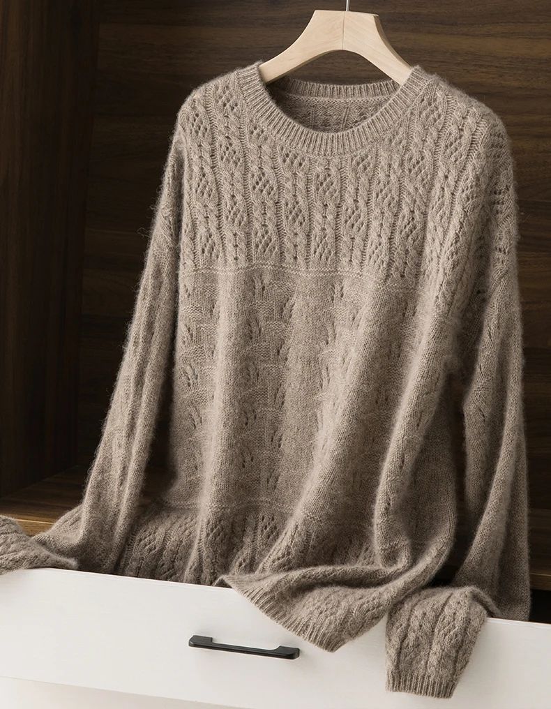 100% pure cardigan women round neck show thin hollow cashmere sweater knitted leggings fall winter loose jumper top