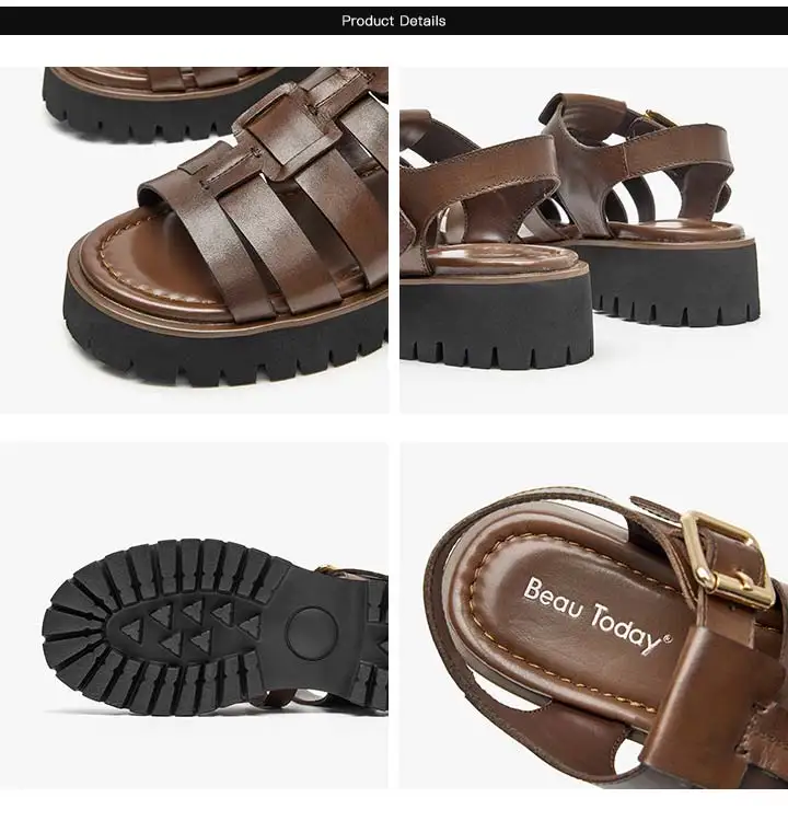 BeauToday Gladiator Sandals Women Cow Leather Open Toe Slingback Metal Buckle Strap Platform Casual Summer Female Shoes 38207