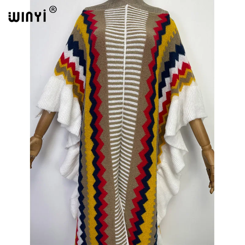 WINYI 2022 NEW Knitting Rainbow Printing Comfort Warm Winter Fashion Holiday Dress Elegant Africa Women Boho Party Long Dress