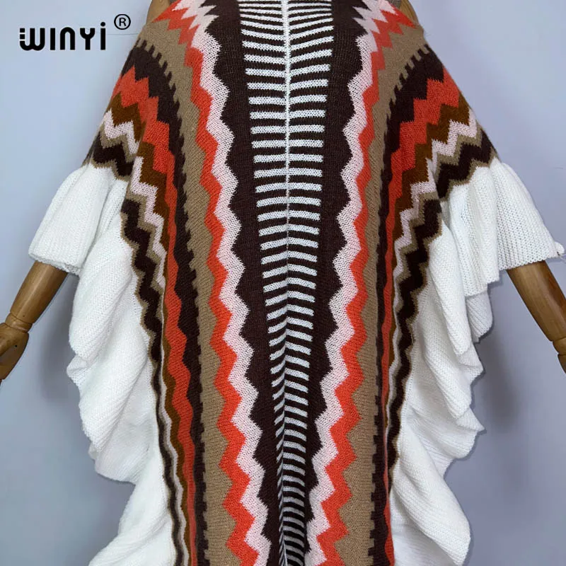 WINYI 2022 NEW Knitting Rainbow Printing Comfort Warm Winter Fashion Holiday Dress Elegant Africa Women Boho Party Long Dress