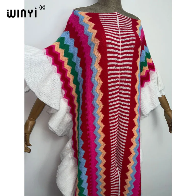 WINYI 2022 NEW Knitting Rainbow Printing Comfort Warm Winter Fashion Holiday Dress Elegant Africa Women Boho Party Long Dress