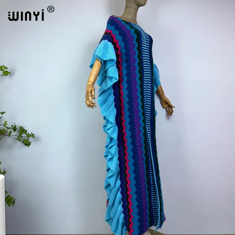 WINYI 2022 NEW Knitting Rainbow Printing Comfort Warm Winter Fashion Holiday Dress Elegant Africa Women Boho Party Long Dress