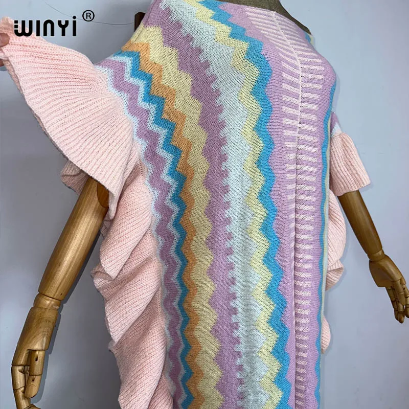 WINYI 2022 NEW Knitting Rainbow Printing Comfort Warm Winter Fashion Holiday Dress Elegant Africa Women Boho Party Long Dress