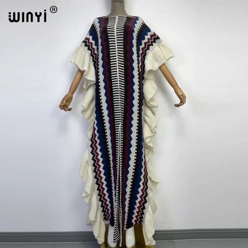 WINYI 2022 NEW Knitting Rainbow Printing Comfort Warm Winter Fashion Holiday Dress Elegant Africa Women Boho Party Long Dress