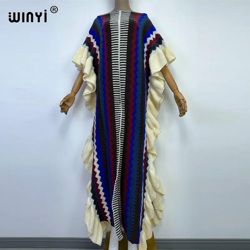 WINYI 2022 NEW Knitting Rainbow Printing Comfort Warm Winter Fashion Holiday Dress Elegant Africa Women Boho Party Long Dress