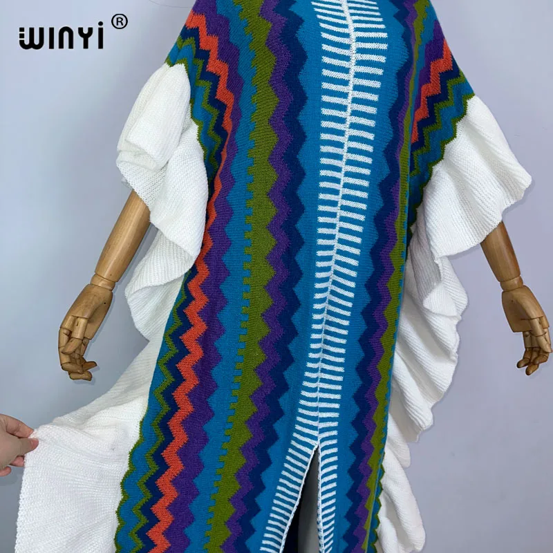 WINYI 2022 NEW Knitting Rainbow Printing Comfort Warm Winter Fashion Holiday Dress Elegant Africa Women Boho Party Long Dress